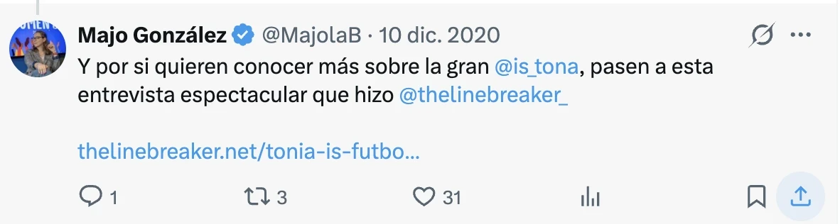 Tuit de la periodista Majo González recomendando mi entrevista a Toña Is en The Line Breaker